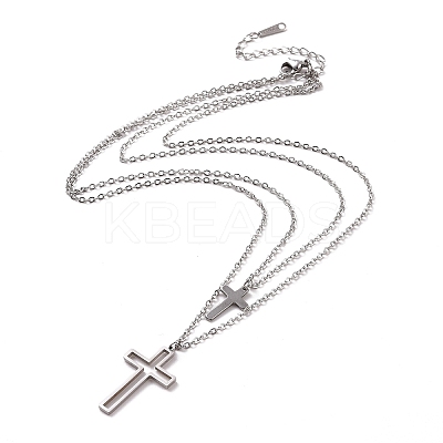 Non-Tarnish 304 Stainless Steel Hollow Out Cross Pendant Double Layer Necklace with Cable Chains for Men Women NJEW-E088-01P-1