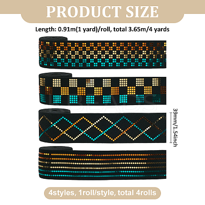 4 Yards 4 Styles Flat Polyester Elastic Cord with Laser Tartan/Stripe/Rhombus Paillettes OCOR-FG0002-81-1