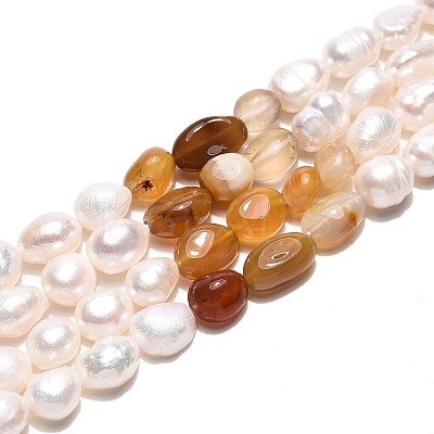 Natural Carnelian Nuggets & Natural Cultured Freshwater Pearl Beads Strands PEAR-N023-01A-03-1
