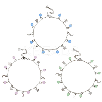 3Pcs 3 Colors 201 Stainless Steel Moon Star & Natural Dyed Malaysia Jade Round Charm Brass Bar Link Chain Anklets AJEW-AN00732-1