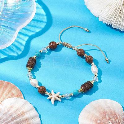 Adjustable Dyed Synthetic Turquoise & Coconut & Wood & Pearl Braided Bead Bracelets BJEW-JB10721-01-1