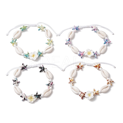 Starfish & Plumeria Synthetic Turquoise & Natural Cowrie Shell & Polymer Clay Beads Braided Bead Bracelets for Women BJEW-JB11847-1