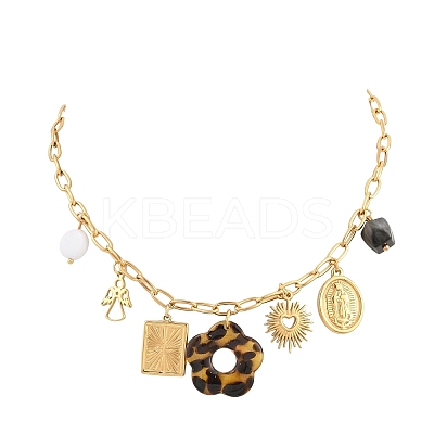 304 Stainless Steel & Resin & Imitation Pearl Multi-Pendant Bib Necklaces for Women SA-CBA717A-03G-01-1