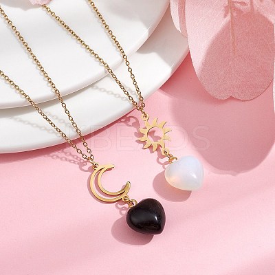 2Pcs 2 Style Opalite & Natural Obsidian Heart Pendant Necklaces Set NJEW-JN04484-1
