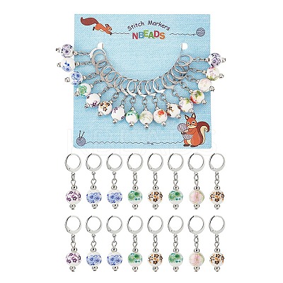 Round with Flower Pattern Handmade Printed Porcelain Ceramic Pendant Stitch Markers HJEW-AB00459-1