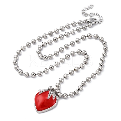 Brass Red Enamel Strawberry Pendant Ball Chain Necklaces NJEW-Z059-02P-1