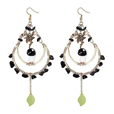 Natural Obsidian Chips Beaded Big Teardrop Dangle Earrings EJEW-SW00016-02-1