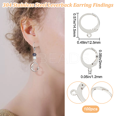 100Pcs 304 Stainless Steel Leverback Earring Findings STAS-BBC0004-12-1