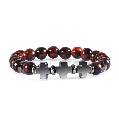 Round Dyed Natural Red Tiger Eye Beaded Stretch Bracelets ED3000-10-1