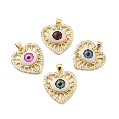 Heart with Eye Brass Micro Pave Clear Cubic Zirconia Pendants KK-G419-07G-1