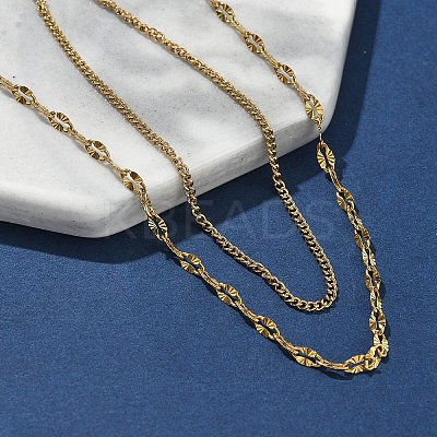 304 Stainless Steel Dapped Chain Double Layered Necklaces for Women NJEW-U050-02C-G-1