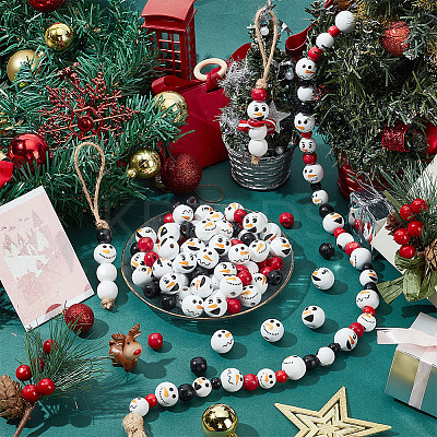 180Pcs 6 Styles Christmas Snowman Print Wood European Beads WOOD-PH0003-03B-1