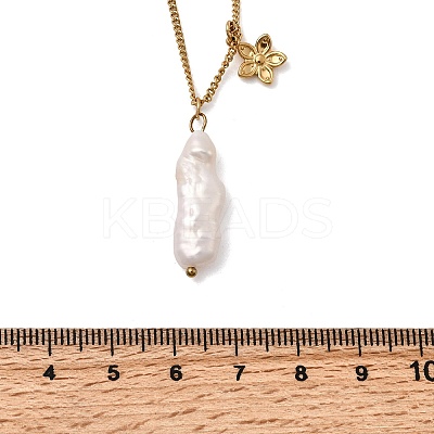 Natural Freshwater Keshi Pearl Stick & 304 Stainless Steel Flower Pendant Necklaces for Women NJEW-K255-55G-1