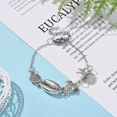 Shell & Starfish & Turtle Alloy Charm Bracelet for Women BJEW-JB09354-1