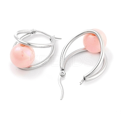 304 Stainless Steel & Plastic Imitation Pearl Oval with Ball Hoop Earrings for Women EJEW-C096-13P-06-1