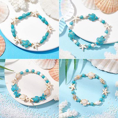 8Pcs Turtle & Starfish Synthetic Turquoise Beaded Stretch Bracelet Sets BJEW-SC0001-47-1