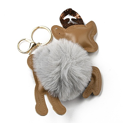 Imitation Rex Rabbit Fur & PU Leather Christmas Reindeer Pendant Keychain LS-KEYC-K018-02KCG-01-1