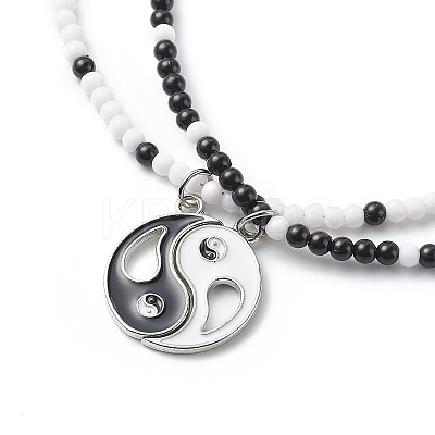 2Pcs 2 Colors Alloy Enamel Gossip/Yin Yang Matching Pendant Necklaces Set NJEW-JN04089-1