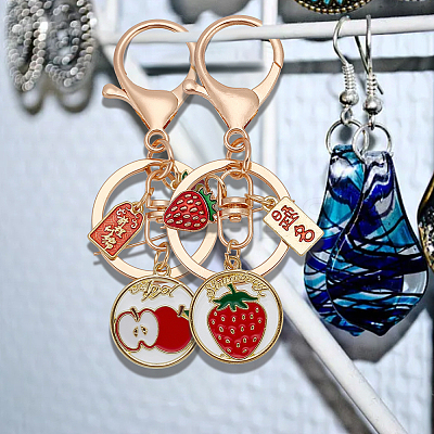 6Pcs 6 Style Fruit Alloy Enamel Pendant Keychain with Lucky Charm KEYC-DR0001-08-1