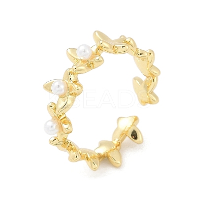 Flower Brass Open Cuff Rings for Women RJEW-R011-09G-01-1