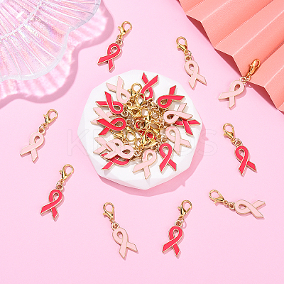 24Pcs 2 Colors October Breast Cancer Pink Awareness Ribbon Shape Alloy Enamel Pendant Decorations HJEW-YW00167-1