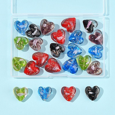 24Pcs 5 Colors Luminous Handmade Gold Sand Lampwork Beads FOIL-FS0001-02-1