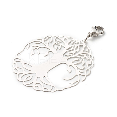 Tarnish Resistant Flat Round with Tree of Life 201 Stainless Steel Filigree Pendant Decorations HJEW-JM00573-03-1