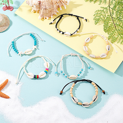 6Pcs 6 Styles Natural Turquoise & Cowrie Shell Braided Beads Bracelets Sets BJEW-GA0001-17-1