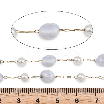 Natural Blue Lace Agate Nuggets & 316 Stainless Steel Handmade Link Chains CHS-K021-14G-16-1