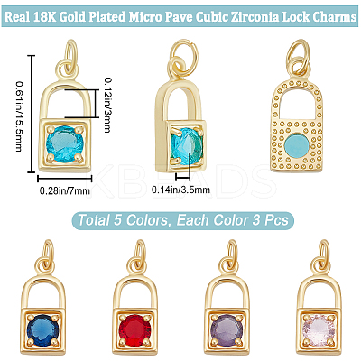 15Pcs 5 Colors Real 18K Gold Plated Brass Micro Pave Cubic Zirconia Charms ZIRC-BBC0002-32-1