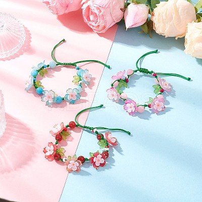 3Pcs Floral Acrylic Beads Braided Bead Bracelets for Women BJEW-MZ00184-1