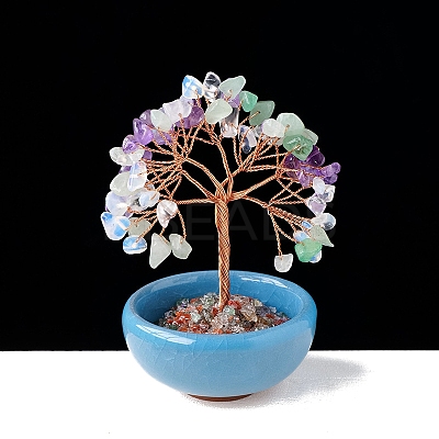 Natural & Synthetic Mixed Gemstone Chips Tree of Life Decorations with Bowl Base PW-WG1DC7A-13-1