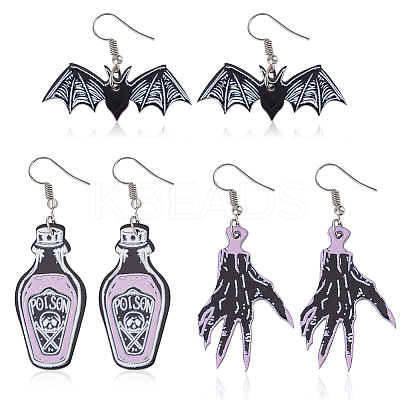 3 Pairs 3 Style Skeleton Hand & Bat & Bottle Acrylic Dangle Earrings for Halloween EJEW-AN0002-93-1