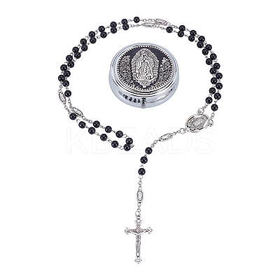 2Pcs Black Round Glass Pearl & Iron Rosary Bead Necklaces NJEW-GO0001-15-1