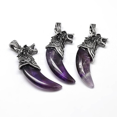 Tusk Shape with Wolf Antique Silver Zinc Alloy Natural Amethyst Big Pendants X-G-F228-63H-FF-1