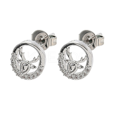Flat Round with Deer Brass Micro Pave Clear Cubic Zirconia Stud Earrings EJEW-F383-11P-1