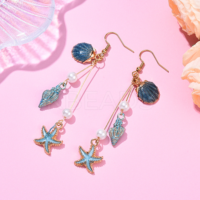 304 Stainless Steel Starfish with Shell Shape Dangle Earrings EJEW-YW00012-01-1