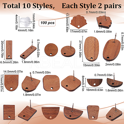 20 Pairs 10 Style Walnut Wood Stud Earring Findings MAK-SC0001-20-1