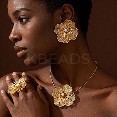Flower Alloy Plastic Pearl Stud Earrings & Pendant Lariat Necklaces & Rings Sets for Women WG42618-01-1