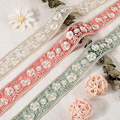 5 Yards Polyester Embroidery Flower Lace Ribbon with Imitation Pearl OCOR-CY0001-16D-1