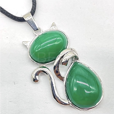 Natural Green Onyx Agate(Dyed & Heated) Alloy Cat Shape Pendant Necklaces KJ2639-16-1