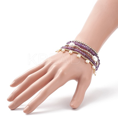 5Pcs 5 Style Natural Amethyst & Brass Beaded Stretch Bracelets Set BJEW-JB08870-01-1