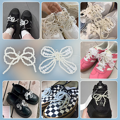 2 Pairs 2 Styles Bowknot ABS Imitation Pearl Shoe Lace Decorations DIY-FG0006-57-1