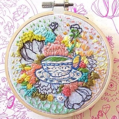 DIY Flower & Cup Pattern Embroidery Starter Kit DIY-C038-06-1
