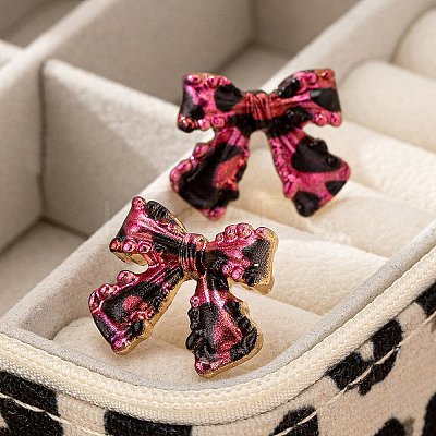 Bowknot with Leopard Print Alloy Stud Earrings EJEW-Z112-03G-1