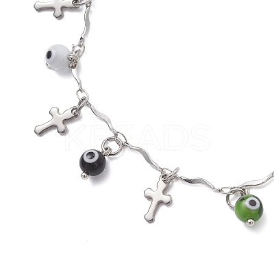 Handmade Evil Eye Lampwork & 304 Stainless Steel Cross Tassel Bar Link Chain Anklets for Women AJEW-AN00741-01-1