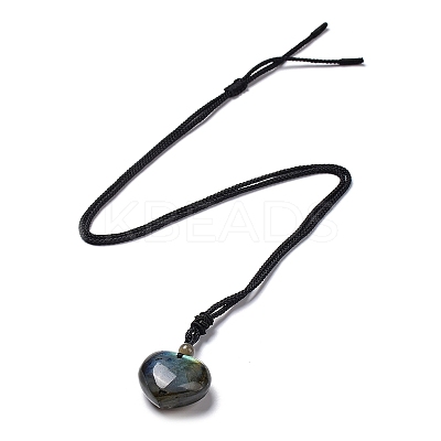 Natural Labradorite Heart Pendant Necklace with Nylon Cord G-K338-02-1