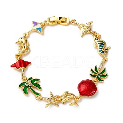 Ocean Theme Brass Cubic Zirconia with Enamel Link Bracelets for Women BJEW-F514-01A-G-1