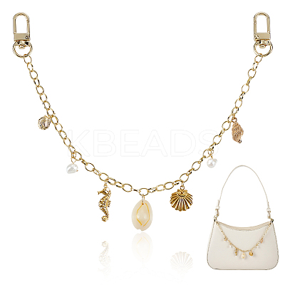 Alloy & 304 Stainless Steel & Natural Freshwater Pearl & Natural Cowrie Shell Sea Horse Charm Brass Cable Chain Bag Decorative Chains HJEW-ME00053-1