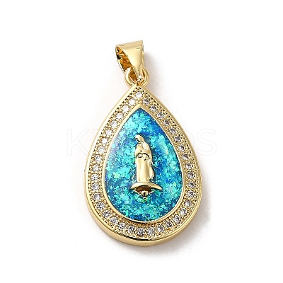 Rack Plating Brass Micro Pave Cubic Zirconia with Synthetic Opal Pendants KK-D088-31G-1